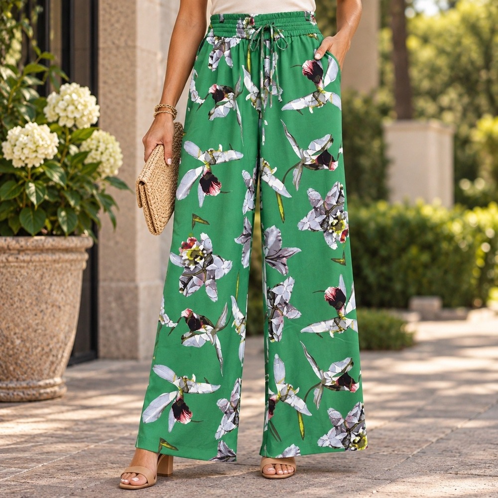 New York & Company Green Orchid Floral Wide Leg Stretch Pants Medium NWT 5125